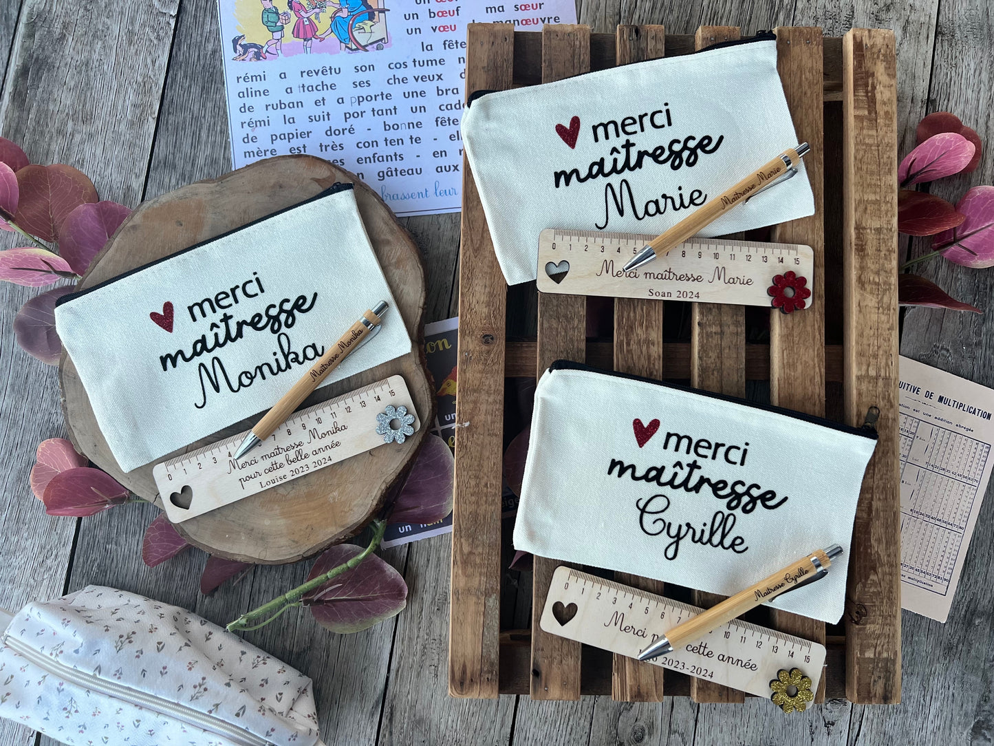 Trousse avec règle et stylo en bois