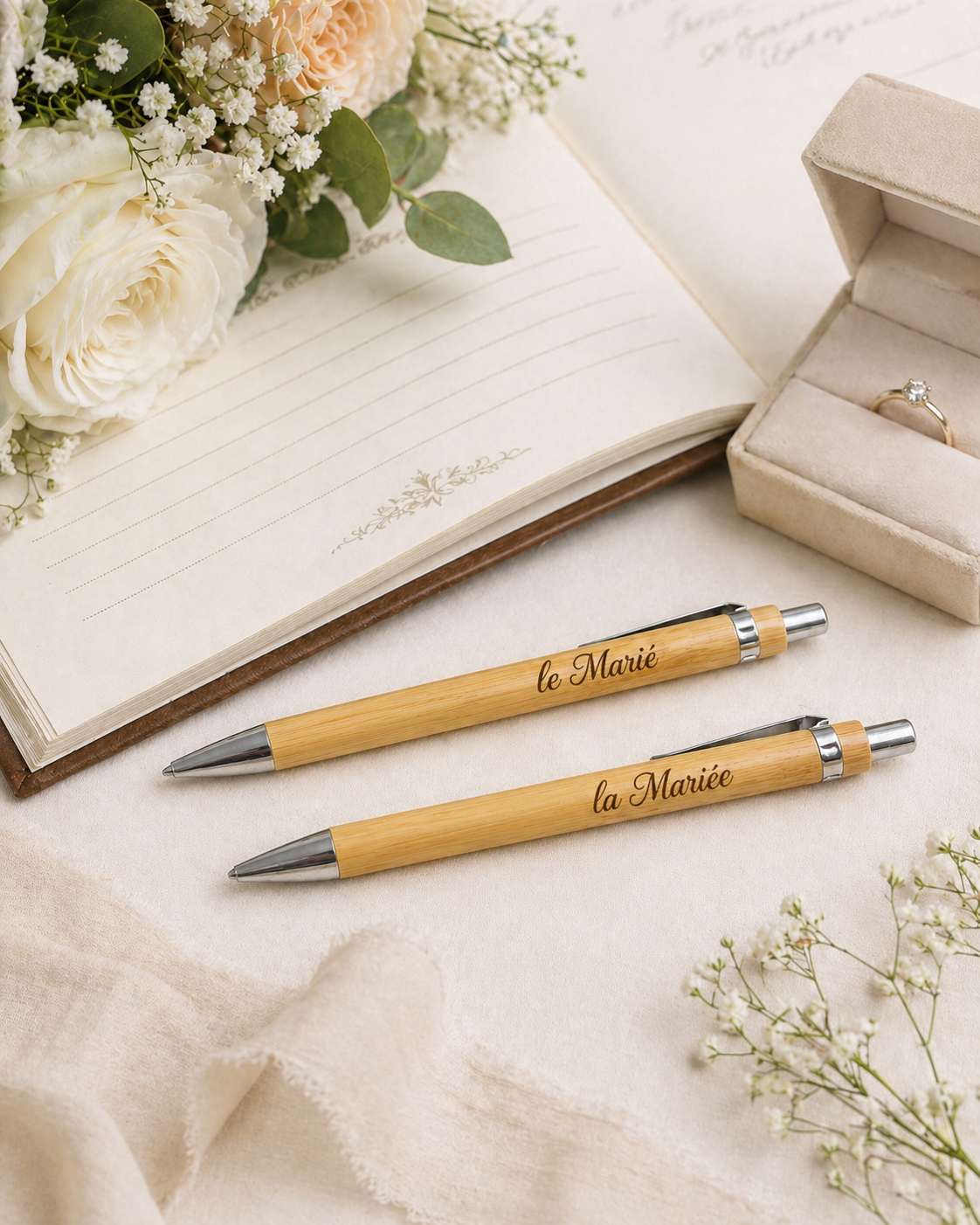 Stylos en bambou gravés mariage | Le Marié & la Mariée