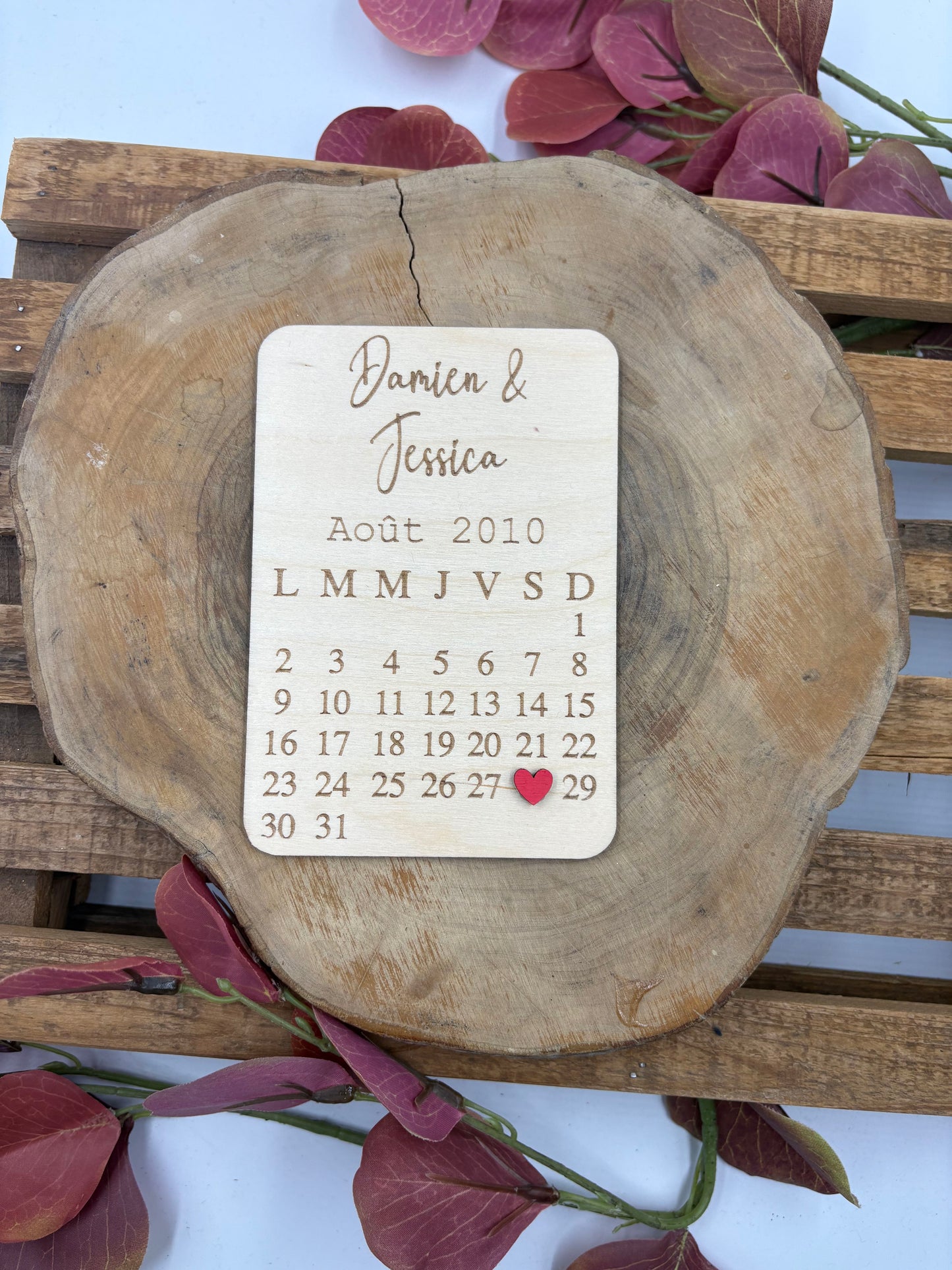 Carte calendrier Anniversaire de Couple en bois
