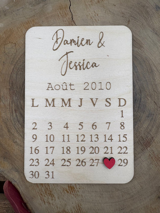Carte calendrier Anniversaire de Couple en bois