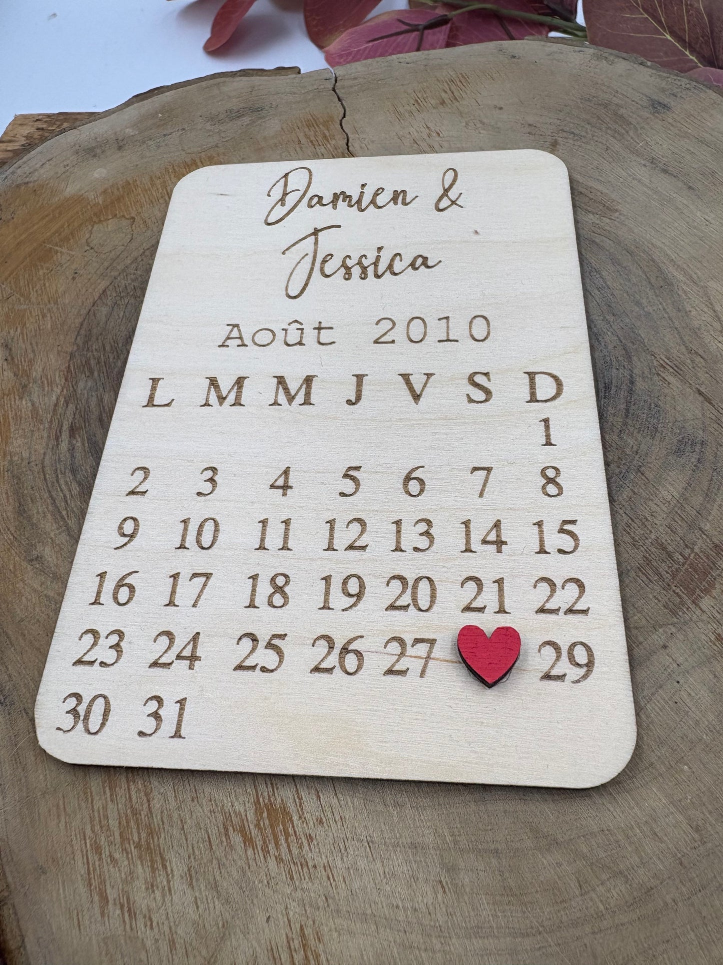 Carte calendrier Anniversaire de Couple en bois