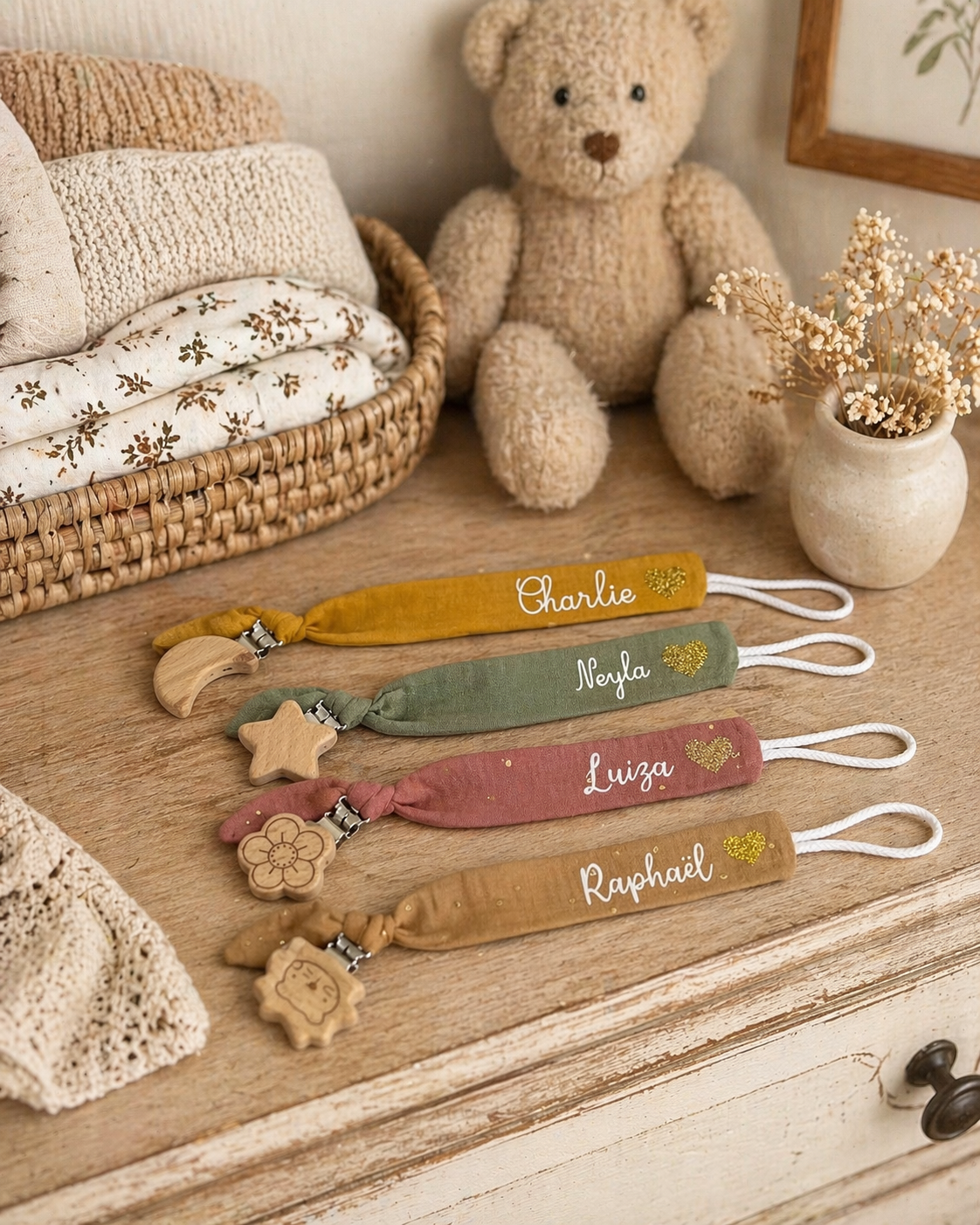 Attache tétine personnalisée en tissu et bois avec prénom gravé ou imprimé pour bébé