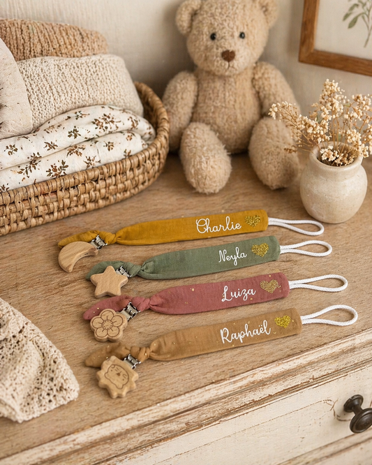 Attache tétine personnalisée en tissu et bois avec prénom gravé ou imprimé pour bébé