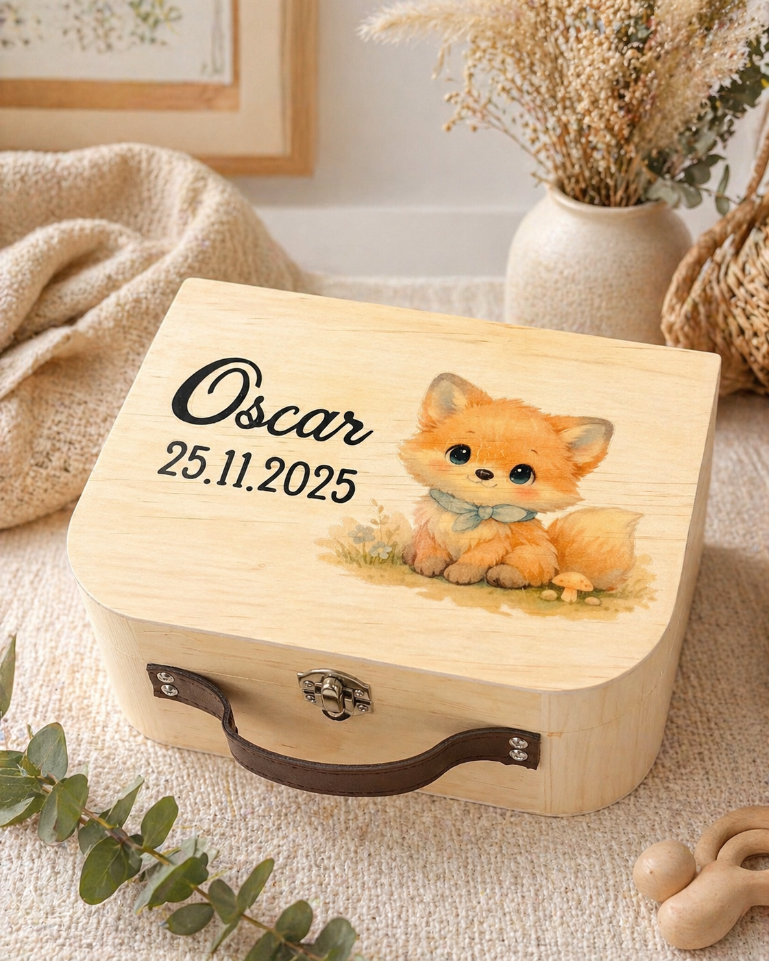 Valise en bois "Oscar, le Petit Renard", prénom, date et illustration renard
